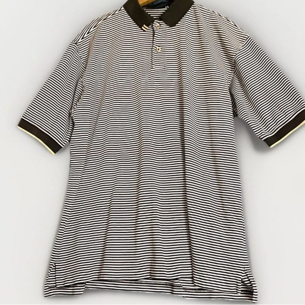 Ashworth Black And White Striped Polo Shirt Golf Logo Size XL Preppy Classic‎